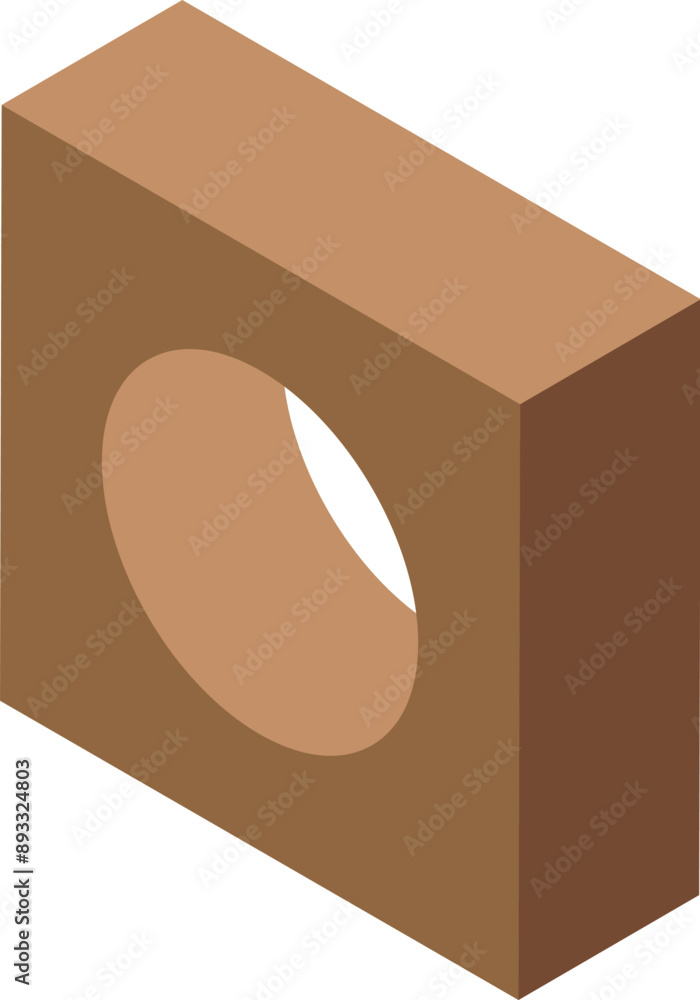 Poster brown cube showing a circular hole in isometric view, simple geometric shape for construction or arc