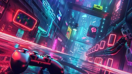 Vibrant futuristic cityscape with game controller view.