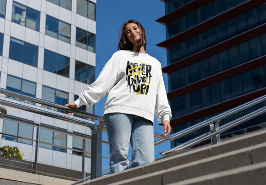 Mockup Of Woman In Customizable Sweatshirt, Low Angle