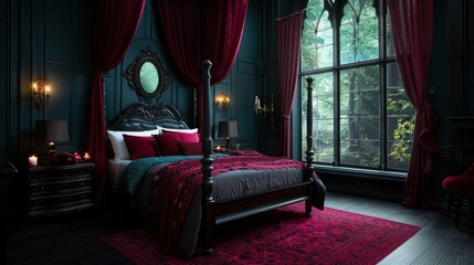 A gothic bedroom decorated with Victorian furnishings, including a four-poster bed draped in heavy curtains, ornate mirrors, and vintage lace details evoking a sense of dark romance.