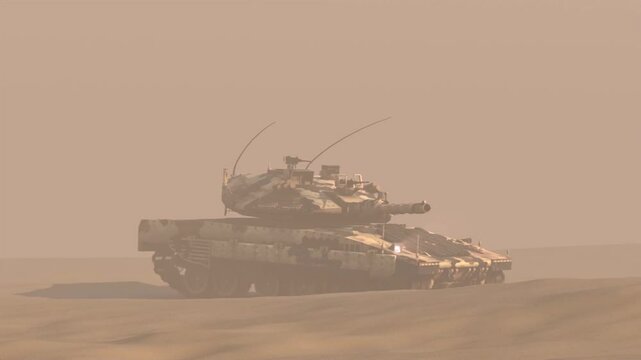 tank rides on the sand and shoots shells