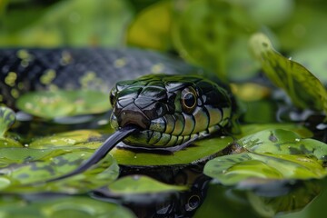 Fototapeta premium Grass Snake (Natrix natrix) swimming amongst duck weed (Lemna minor) with tongue extended