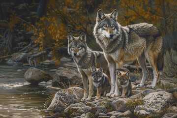 Obraz premium Gray Wolf family at waters edge
