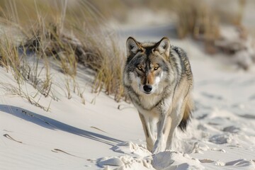 Fototapeta premium Gray Wolf track in the sand