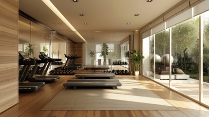 Minimalist home gym with sleek treadmill, wall-mounted weights, large mirror.