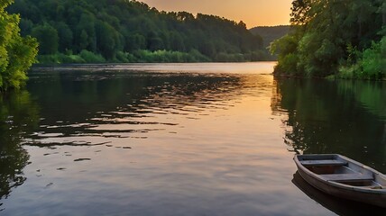 calm river with green trees lining the far shore