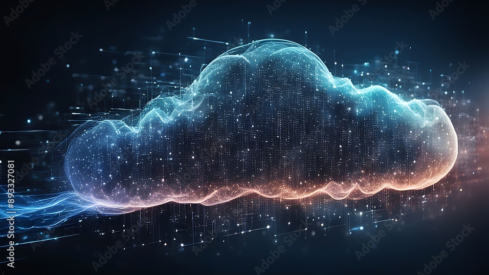 Poster abstract data cloud with digital particles and light trails, representing technology and innovation