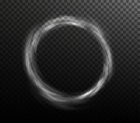 White smoke ring puff isolated on transparent black background. PNG. Steam explosion special effect. Effective texture of steam, fog, smoke png. Vector.	
