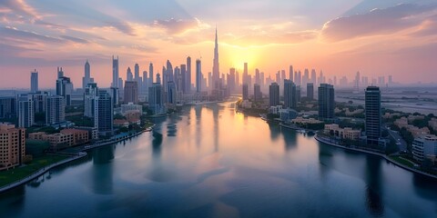 Obraz premium Stunning Aerial Cityscape of Towering Skyscrapers Reflecting on Serene River at Sunset