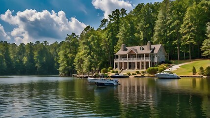  large house on a grassy peninsula overlooking a lake