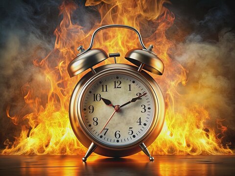 An illustration of an old alarm clock that is burned by an amount of blazing fire with hugely strong heat and is causing some fumes in the air.