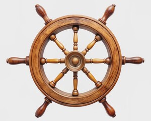 Isolated wooden steering wheel cutout on transparent background, classic sailing boat navigation symbol, vintage nautical theme, precise detailed craftsmanship, natural wood grain texture.