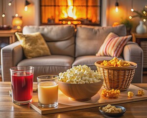 Fototapeta premium Warm and inviting living room scene featuring a bowl of freshly popped popcorn, assorted snacks, and refreshing drinks on a cozy couch side table.