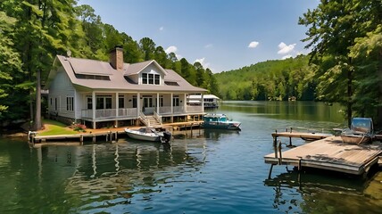 Obraz premium large house on a grassy peninsula overlooking a lake