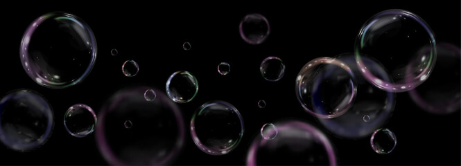 Bubble PNG. Set of realistic soap bubbles. Bubbles are located on a black background. Vector flying soap bubbles. Water glass bubble realistic png	