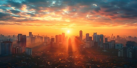 Fototapeta premium Majestic sunrise over a captivating city skyline with towering skyscrapers and a vibrant golden sky