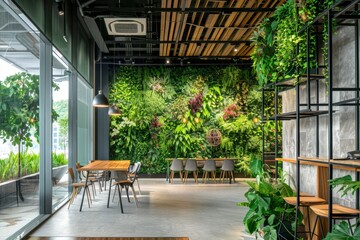 A coworking space with green living walls embodies eco-friendly design, offering a light and airy atmosphere that is both refreshing and modern.