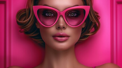 Fototapeta premium Portrait of a young woman fashion model in sunglasses on a pink neon background.