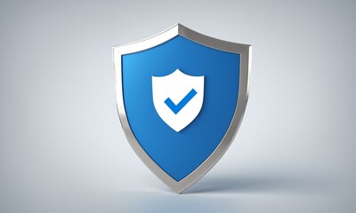 Silver shield with a blue checkmark icon, isolated on white background