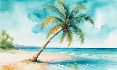 Watercolor painting of a palm tree on the beach