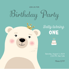 Birthday party invitation with vector cute bear with crown
