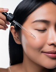 Obraz premium Asian Woman holding a Pipette with Skincare Serum - Applying Serum to her Face - Hyaluronic Acid, Anti Aging, Moisturiser, Repair, Hydrating, Vitamin, Ascorbic, Retinol, Exfoliant, Azelaic