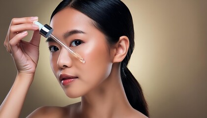 Obraz premium Asian Woman holding a Pipette with Skincare Serum - Applying Serum to her Face - Hyaluronic Acid, Anti Aging, Moisturiser, Repair, Hydrating, Vitamin, Ascorbic, Retinol, Exfoliant, Azelaic