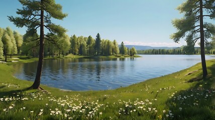 Fototapeta premium calm lake with a bright blue sky. Pink blossoming trees 