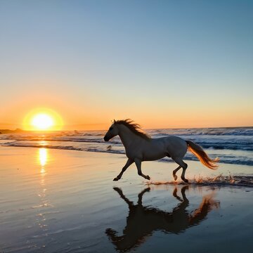 cavallo bianco corre in riva al mare mentre tramonta il sole