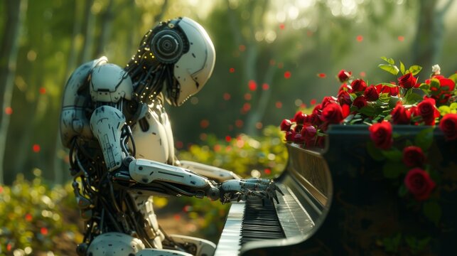 A Robot Plays the Piano While Surrounded by Red Roses in a Forested Area - Generative AI