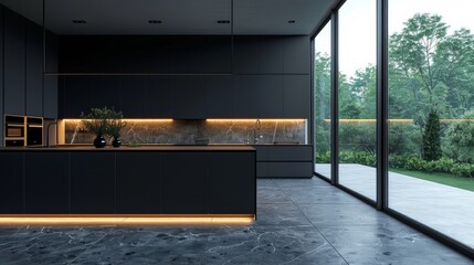 A Modern Kitchen With Large Windows and a Black Counter Top and Cabinets With Glass Doors - Generative AI