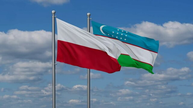 Republic of Uzbekistan and Poland flags flying together, video concept of the relationship, two country cooperation concept