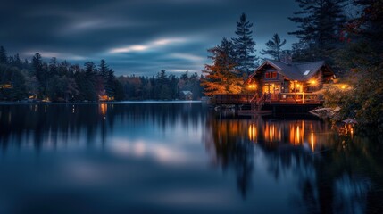 Cozy lakeside cabin illuminated by warm lights at dusk.