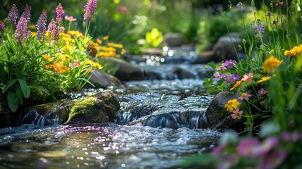 Peaceful stream surrounded by colorful flowers and green foliage, creating a picturesque and tranquil scene, perfect for enhancing editorial content