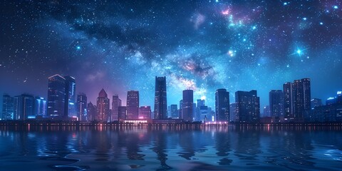 Obraz premium Futuristic Skyline Blending Technology and Nature under a Starry Night Sky