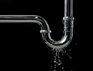 Drain leak water from pipe plumbing in bathroom as water clogged drop. Black background isolated....