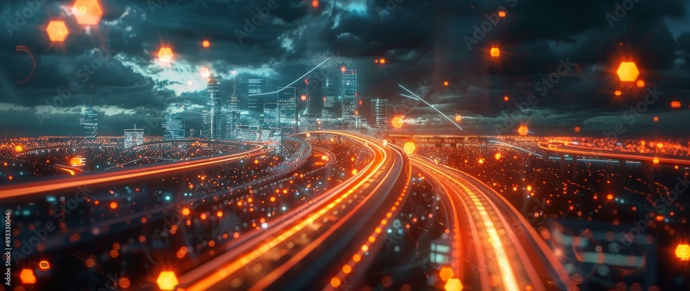 Poster the concept of a smart city is shown with a polygon pattern, speed lines, and big data connections.