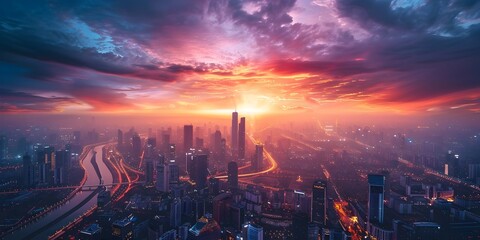 Futuristic City Skyline with Elevated Roads and Vibrant Sunset Glow