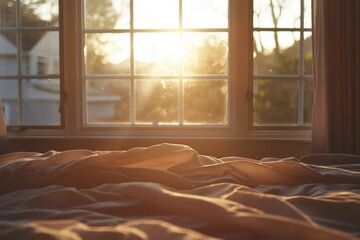 Sunrise view from bed with soft morning light, creating a cozy and serene atmosphere.