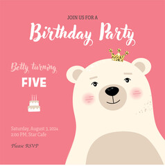 Birthday party invitation with vector cute bear with crown