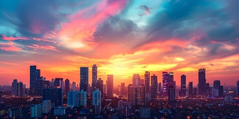 Fototapeta premium Dramatic Skyline of Tall Buildings at Colorful Sunset with Serene Clouds