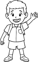 Vector Cartoon Happy Student In School Uniform Waving Line Art