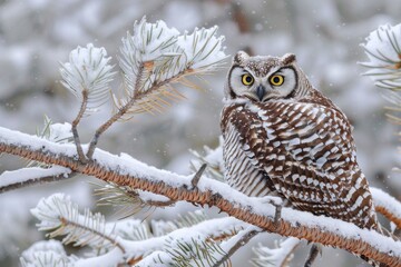 Northern Hawk Owl on pine in winter