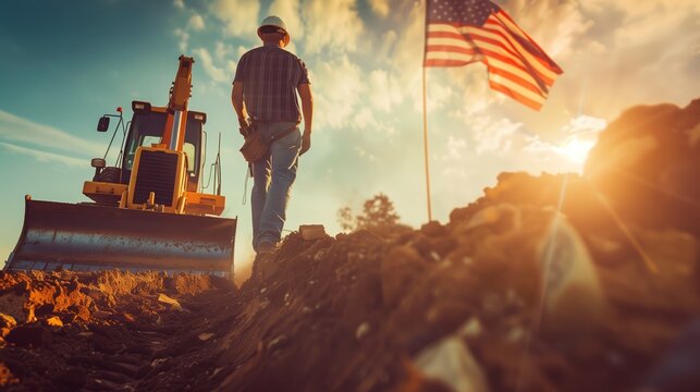 a construction worker operating a bulldozer, with an American flag flying nearby.