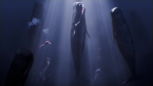 scuba diver swimming next to sleeping sperm whales