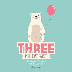 Third birthday invitation with cute bear and balloon
