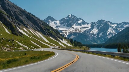 Naklejka premium inding paved road leads towards a mountain range with snow-capped