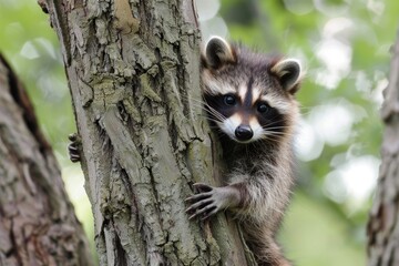Northern Raccoon in tree, young animal