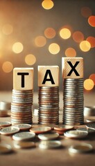 Tax Concept with Stacked Coins and Wooden Blocks