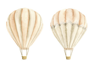 Watercolor hand-drawn illustration with hot air balloons in beige tones © Nellya Egorova